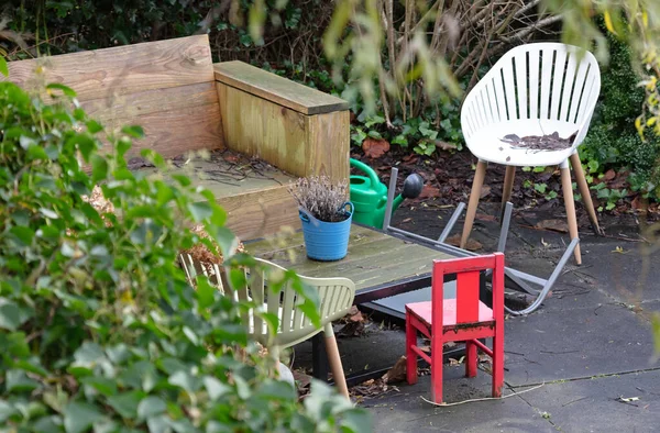 Backyard Fall Selective Focus Small Red Chair Children — Stockfoto