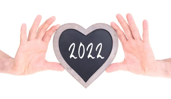 Adult Holding Heart Shaped Chalkboard Isolated White 2022 — 图库照片