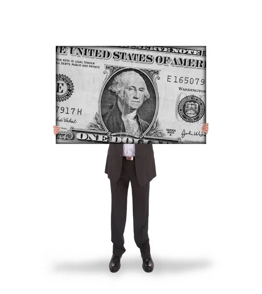 Homem Negócios Segurando Uma Conta Dólar Muito Grande — Fotografia de Stock