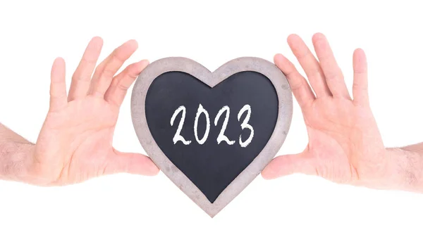 Adult Holding Heart Shaped Chalkboard Isolated White 2023 — Zdjęcie stockowe
