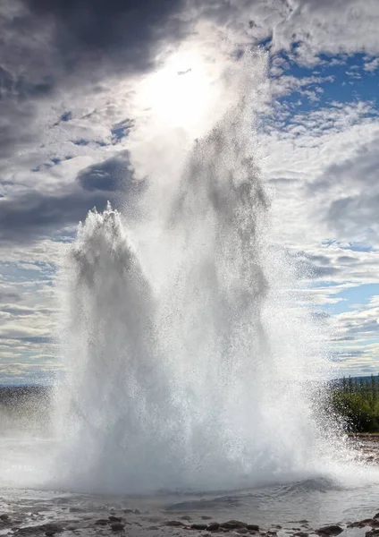 Eruption Strokkur Geyser Morning Sun Iceland — Stock Photo, Image