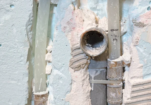 Drain Pipe Water Pipes Plaster Wall Construction — Stock Photo, Image