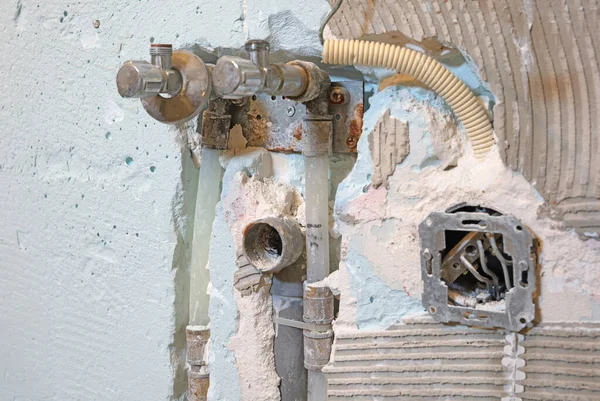 Drain Pipe Water Pipes Plaster Wall Construction — 스톡 사진