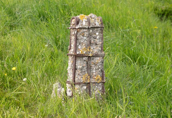 Oude Betonnen Paal Het Gras Bijna Verdwenen — Stockfoto