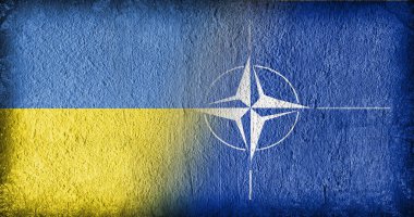 Ukrainian and NATO flag on concrete, divided in the middle clipart
