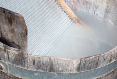 Closeup of a vintage washing board, still in use, selective focus