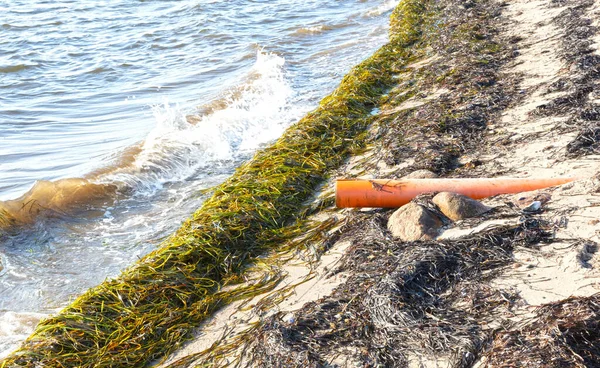 Orange Pipe Water Poured Sea Beach Pollution Tourist Industry Impact — Stock Photo, Image