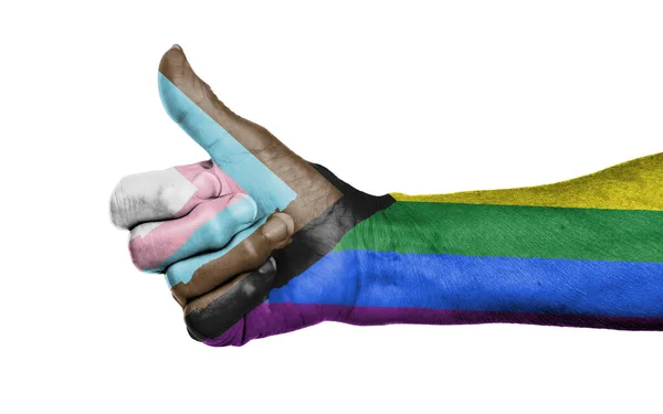 白で隔離された親指 プログレスLgbtq虹の旗 — ストック写真
