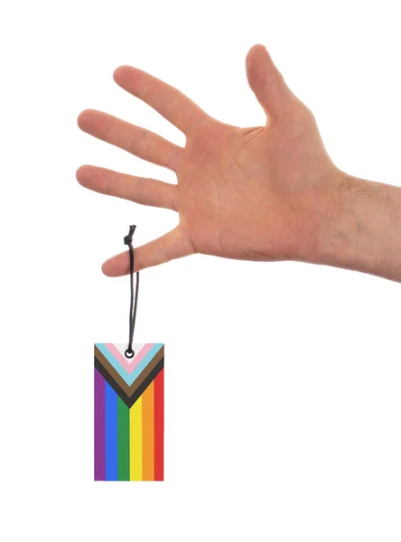 Volwassen Hand Geïsoleerd Met Een Label Progress Lgbtq Rainbow Vlag — Stockfoto