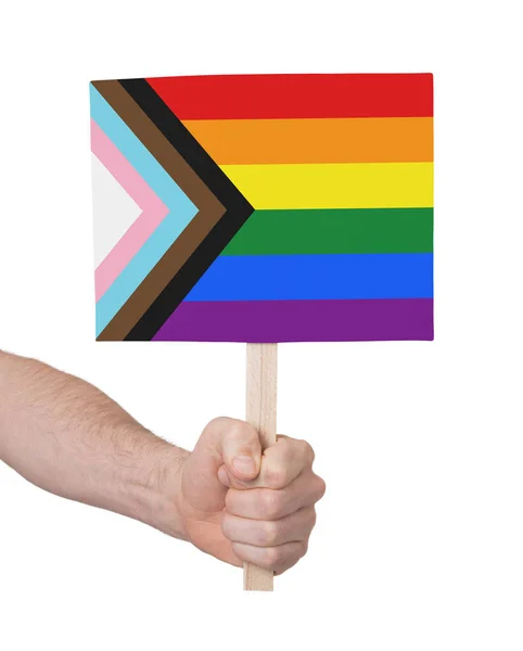 Hand Holding Banner Wood Stick Isolated Progress Lgbtq Rainbow Flag — Stock Photo, Image