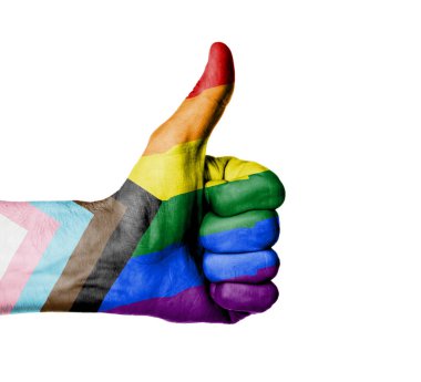 Başparmaklar yukarı, beyaz üzerinde izole - İlerleme LGBTQ gökkuşağı bayrağı