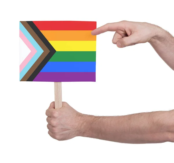 Hand Holding Banner Wood Stick Isolated Progress Lgbtq Rainbow Flag — Stock Photo, Image