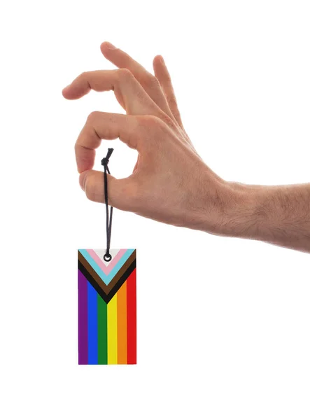 ラベルで隔離された大人の手 Progress Lgbtq Rainbow Flag — ストック写真
