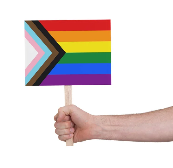 Bannière Main Sur Bâton Bois Isolée Progress Lgbtq Rainbow Flag — Photo