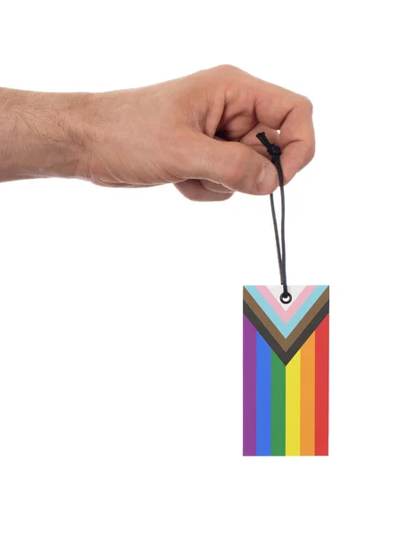 Volwassen Hand Geïsoleerd Met Een Label Progress Lgbtq Rainbow Vlag — Stockfoto