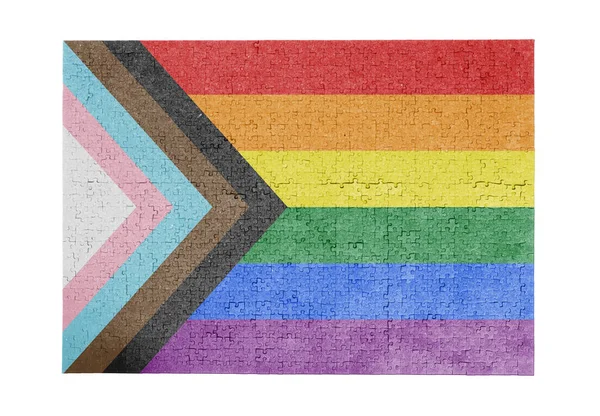 Großes Puzzle Mit Der Progress Lgbtq Regenbogenflagge Isoliert Auf Weiß — Stockfoto