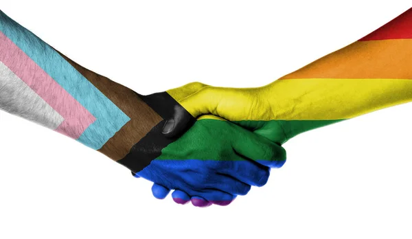 Two Adults Shaking Hands Concept Friendship Progress Lgbtq Rainbow Flag — Stock Photo, Image