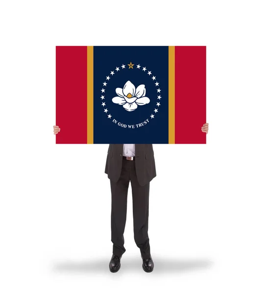 Бизнесмен Большим Посланием Руках Флаг Штата Нью Миссисипи — стоковое фото