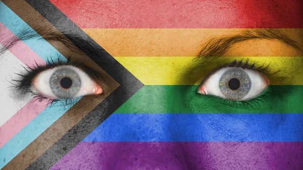 Closeup Open Eyes Woman Progress Lgbtq Rainbow Flag — Stock Photo, Image
