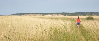 Bir çimen tarlasında yürüyen kadın, seçici bir odak noktası.
