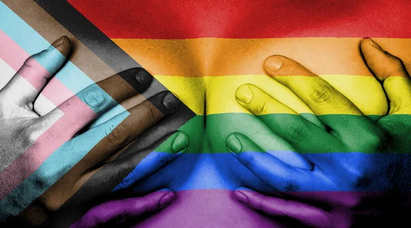 Manos Cubriendo Pechos Pintados Con Bandera Progress Lgbtq Rainbow Flag — Foto de Stock