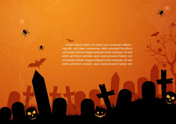 Silueta Atmósfera Cementerio Halloween Día Miedo Con Fondo Color Naranja — Archivo Imágenes Vectoriales