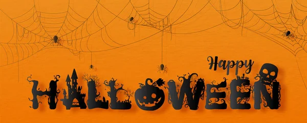 Happy Halloween Formulering Ontwerp Papier Uitgesneden Stijl Met Zwarte Spinnenwebben — Stockvector