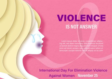 Kapanış ve mahsul kadını, kadınlara yönelik Uluslararası Şiddet Gününün sloganıyla kağıt kesme tarzında taciz ediliyor, örneğin beyaz kurdele ve pembe arka plan metinleri.