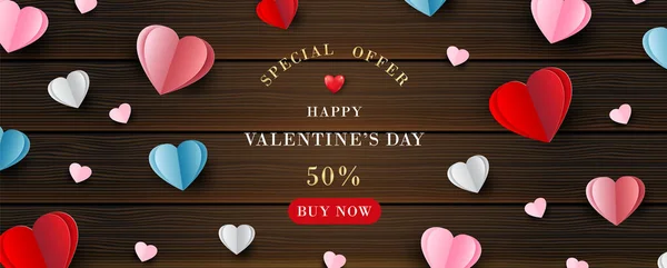 Ofertas Especiales San Valentín Harts Coloridos Sobre Fondo Madera Banner — Vector de stock