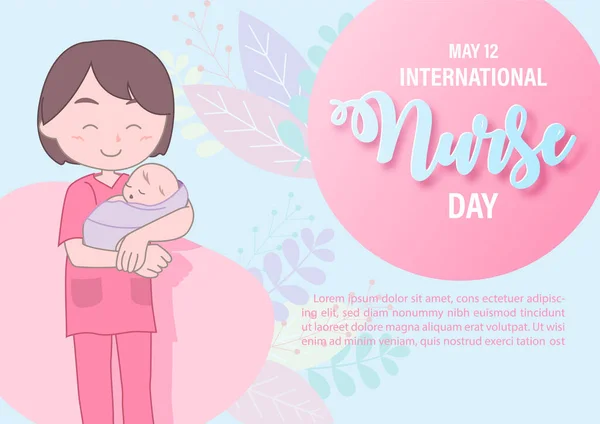 新生儿的护士在卡通人物与新生儿的措辞护士日 例如文字粉红背景 国际护士日海报的平面风格和病媒设计运动 — 图库矢量图片