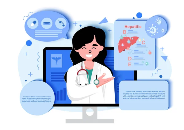 Doctor Cartoon Character Explaining Hepatitis Computer Screen Example Texts White — Stockvektor