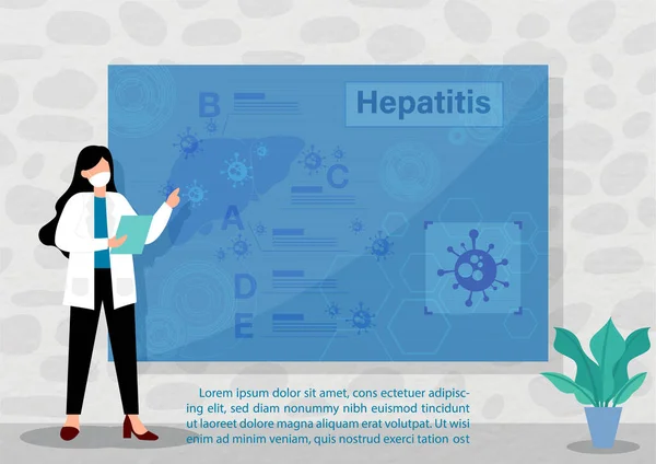 Doctor Cartoon Character Explaining Hepatitis Giant Computer Screen Example Texts —  Vetores de Stock