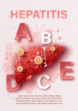 Human liver with English letters in Concept of hepatitis A, B, C, D, and world hepatitis day poster's campaign in watercolors style on pink background.