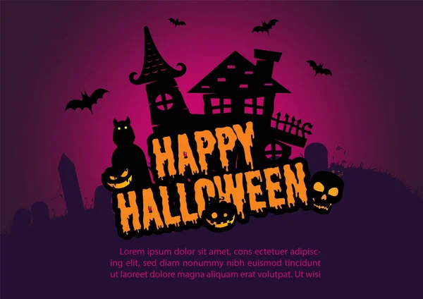 Silhouet Spookachtige Spookhuis Met Halloween Formulering Gloeiende Paars Licht Achtergrond — Stockvector