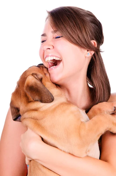 Young woman with bullmastiff — Stock Photo, Image