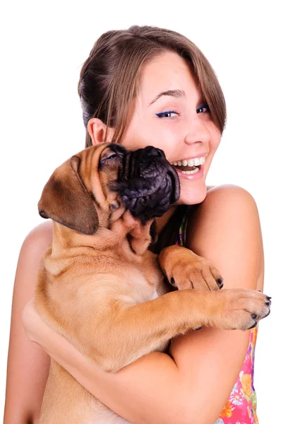 Jeune femme avec bullmastiff — Photo