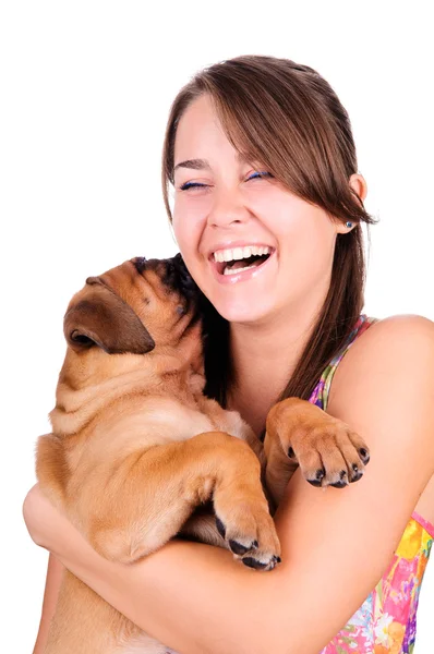 Young woman with bullmastiff — Stock Photo, Image