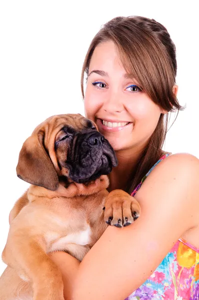 Ung kvinne med bullmastiff – stockfoto