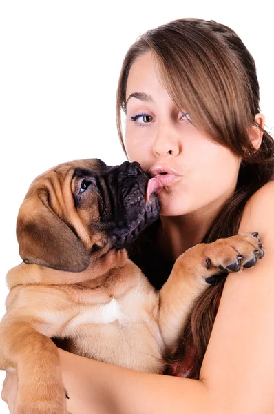 Young woman with bullmastiff — Stock Photo, Image