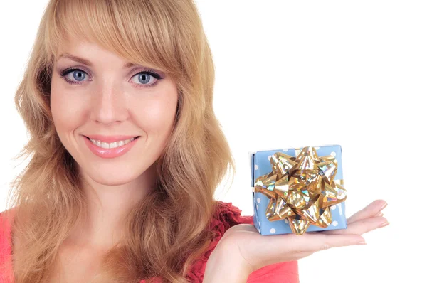 Blonde and a gift box — Stock Photo, Image