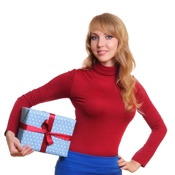 Blonde en een doos van de gift — Stockfoto