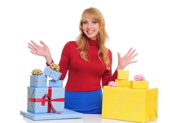 Mujer y cajas de regalo — Foto de Stock