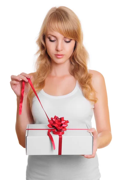 Blonde and a gift box — Stock Photo, Image