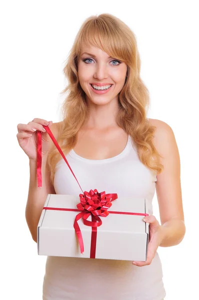 Blonde and a gift box — Stock Photo, Image