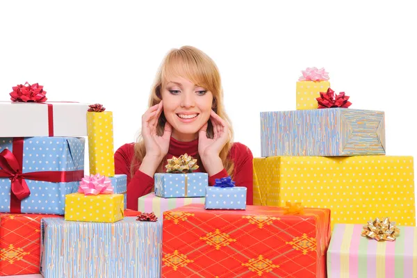 Mujer y cajas de regalo — Foto de Stock