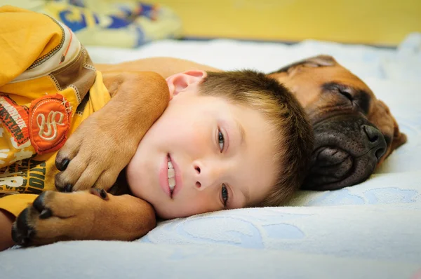 Köpek yavrusu bullmastiff çocuk ile — Stok fotoğraf