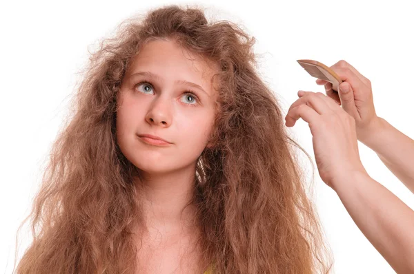 Girl and hairdresser — Stockfoto