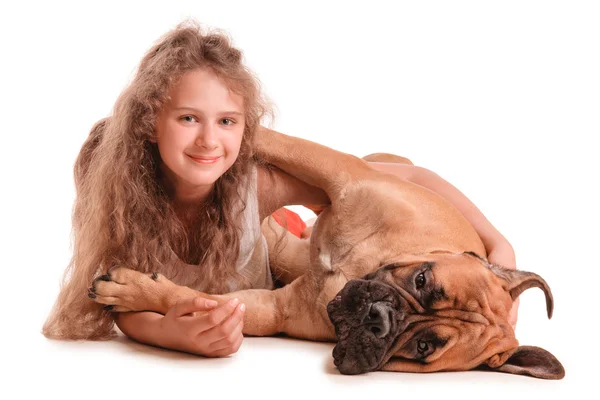 Girl and dog bullmastiff — Stock Photo, Image