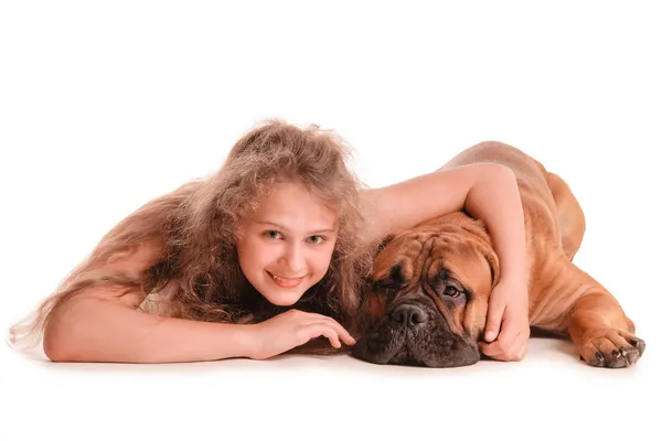 Girl and dog bullmastiff — Stock Photo, Image