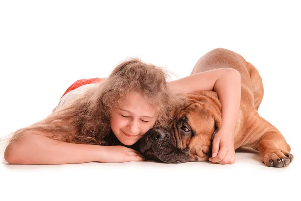 Girl and dog bullmastiff — Stock Photo, Image